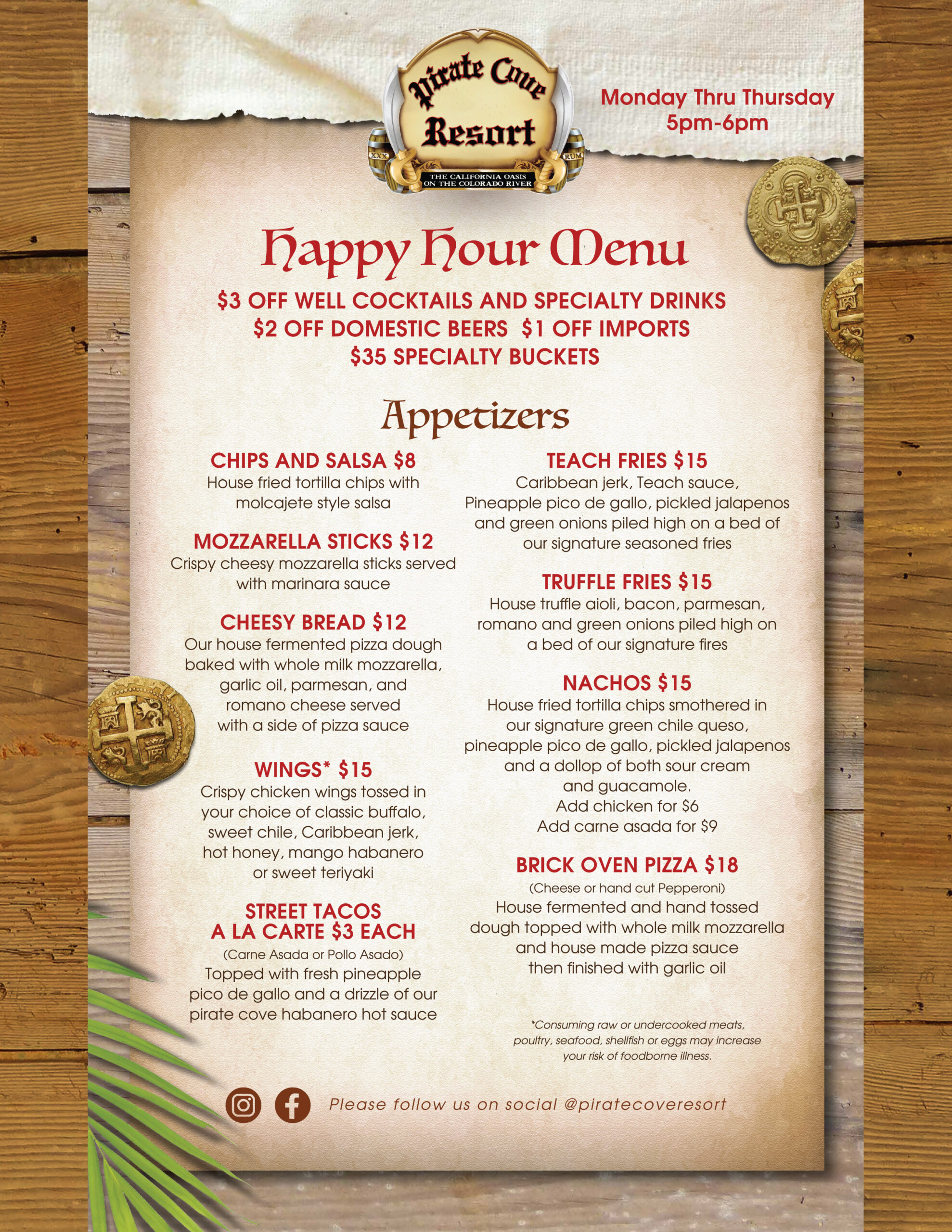 Pirate cove resort Happy hour menu 
